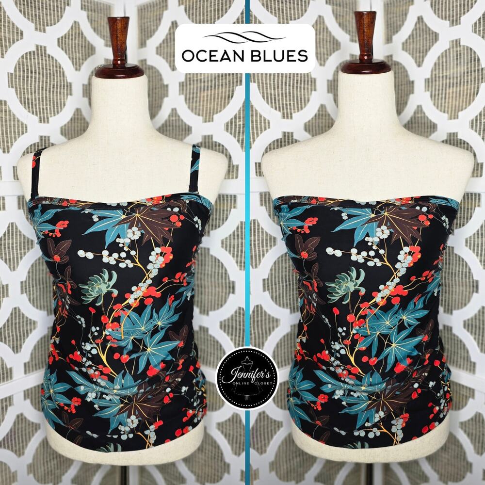 Ocean Blues Women's Black Turquoise Floral and Leaf Ruched Tankini Top Size L